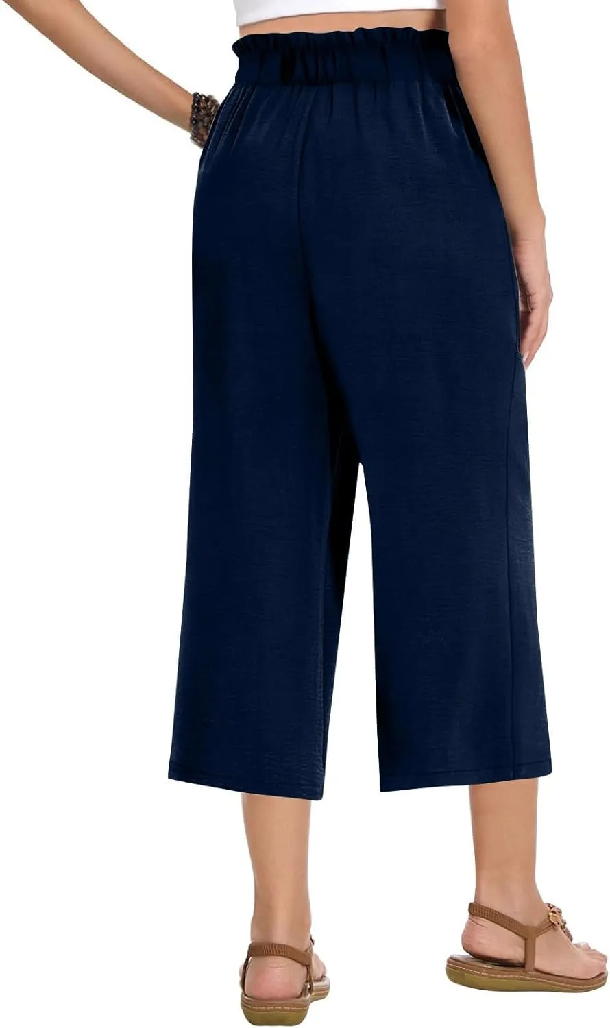 Gumipy Cotton Capri Pants for Women Smocked Elastic Waisted Wide Leg Linen Pants Loose Palazzo Cropped Trousers with Pockets