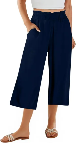 Gumipy Cotton Capri Pants for Women Smocked Elastic Waisted Wide Leg Linen Pants Loose Palazzo Cropped Trousers with Pockets