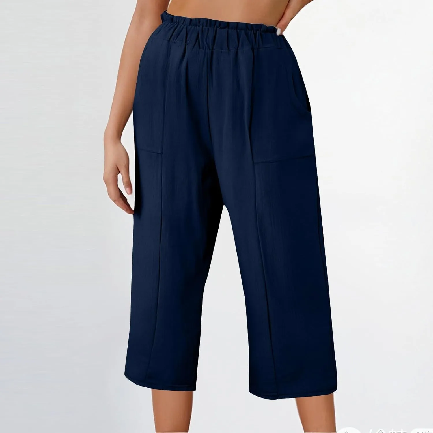 Gumipy Cotton Capri Pants for Women Smocked Elastic Waisted Wide Leg Linen Pants Loose Palazzo Cropped Trousers with Pockets
