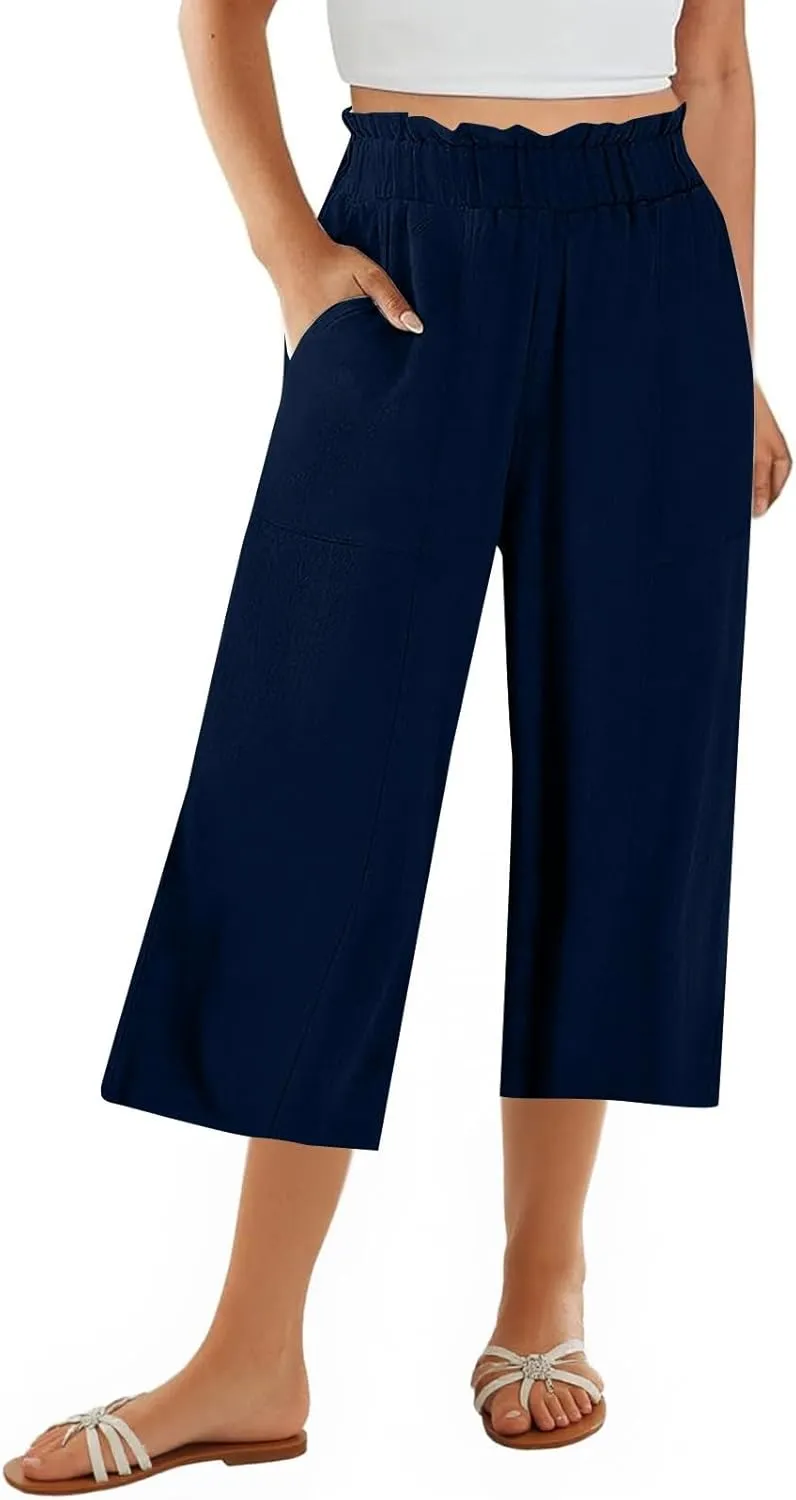 Gumipy Cotton Capri Pants for Women Smocked Elastic Waisted Wide Leg Linen Pants Loose Palazzo Cropped Trousers with Pockets
