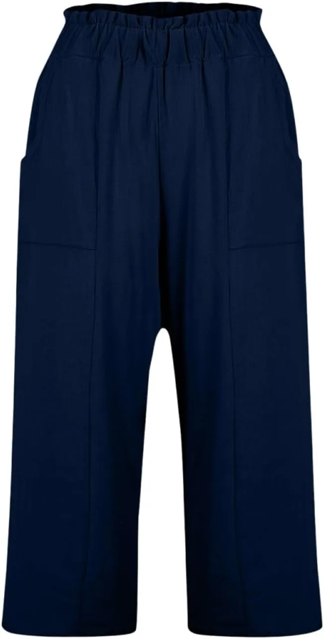 Gumipy Cotton Capri Pants for Women Smocked Elastic Waisted Wide Leg Linen Pants Loose Palazzo Cropped Trousers with Pockets