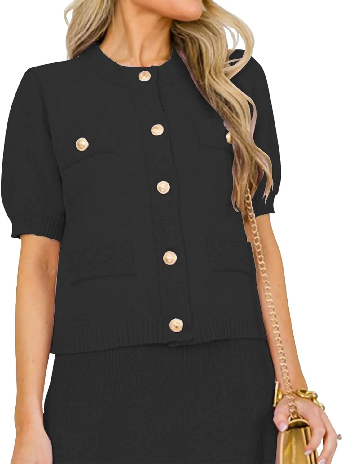Hacikis Womens Button Down Cropped Cardigan Sweaters Crewneck Short Sleeve Knit Open Front Sweater Tops with Pockets