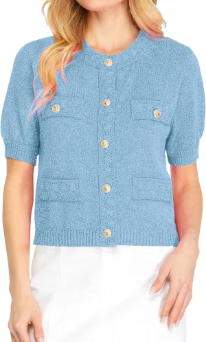 Hacikis Womens Button Down Cropped Cardigan Sweaters Crewneck Short Sleeve Knit Open Front Sweater Tops with Pockets