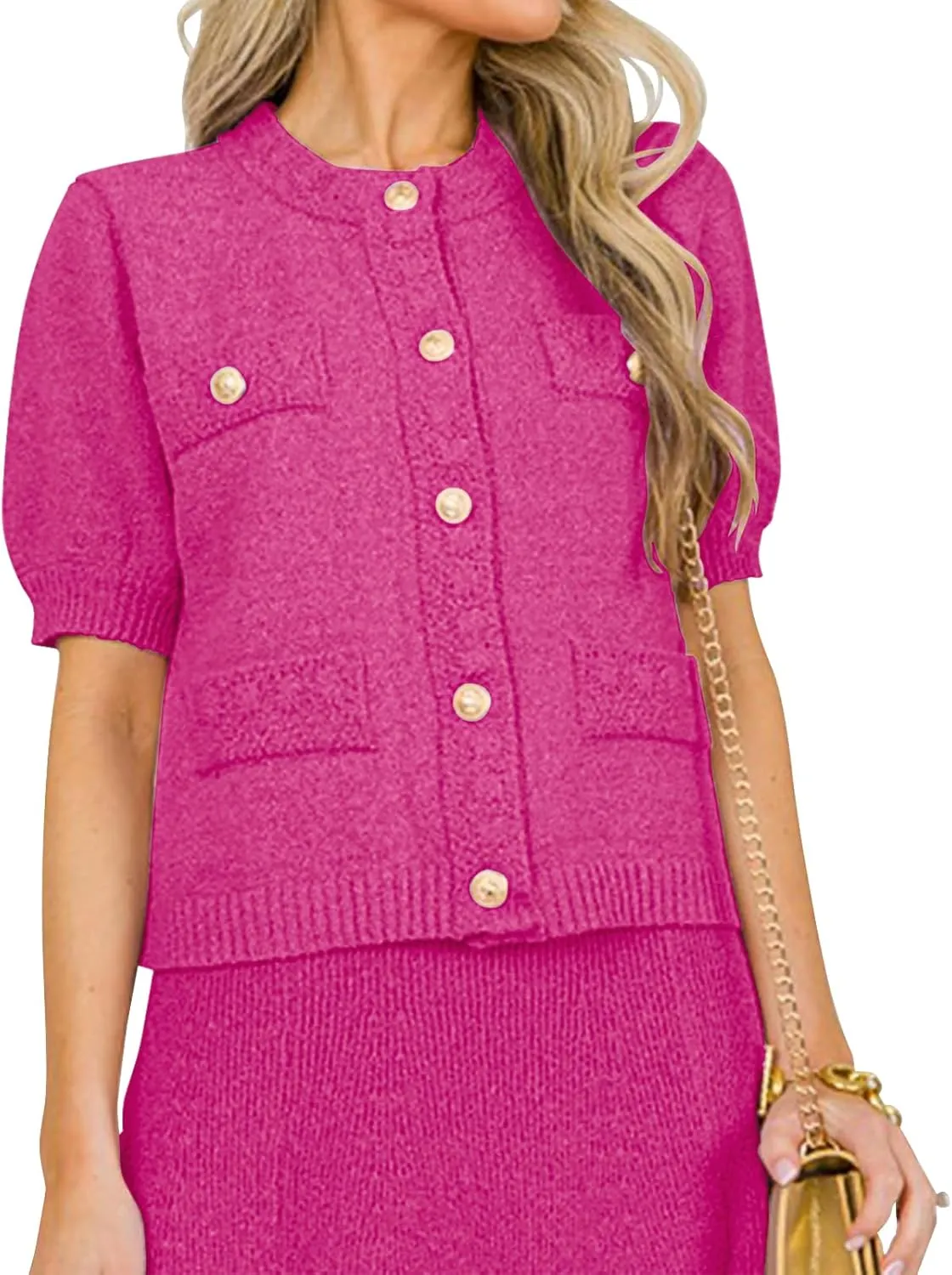 Hacikis Womens Button Down Cropped Cardigan Sweaters Crewneck Short Sleeve Knit Open Front Sweater Tops with Pockets