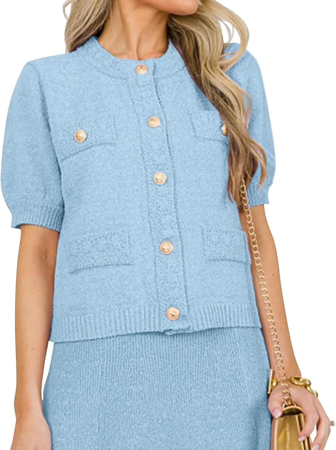 Hacikis Womens Button Down Cropped Cardigan Sweaters Crewneck Short Sleeve Knit Open Front Sweater Tops with Pockets