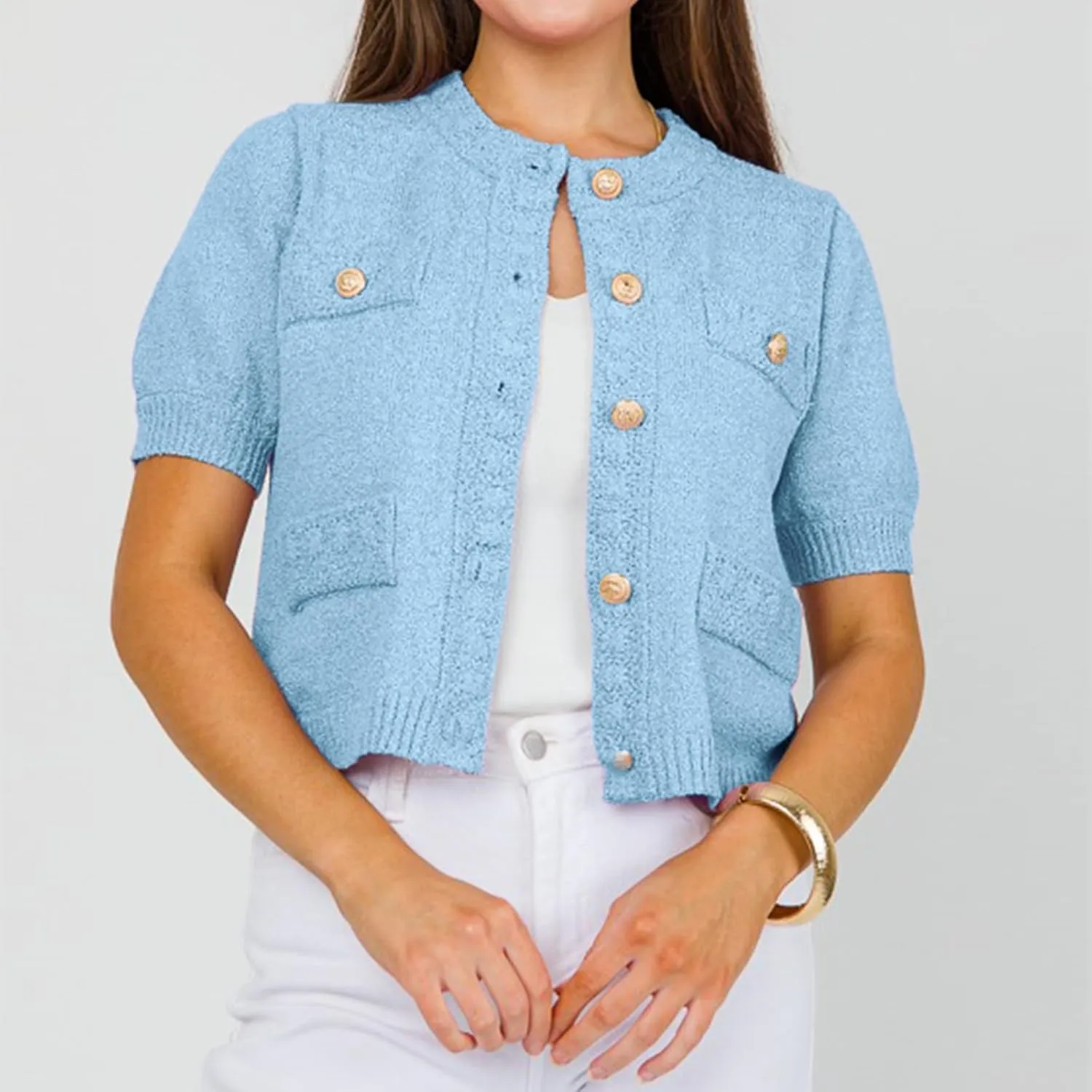 Hacikis Womens Button Down Cropped Cardigan Sweaters Crewneck Short Sleeve Knit Open Front Sweater Tops with Pockets