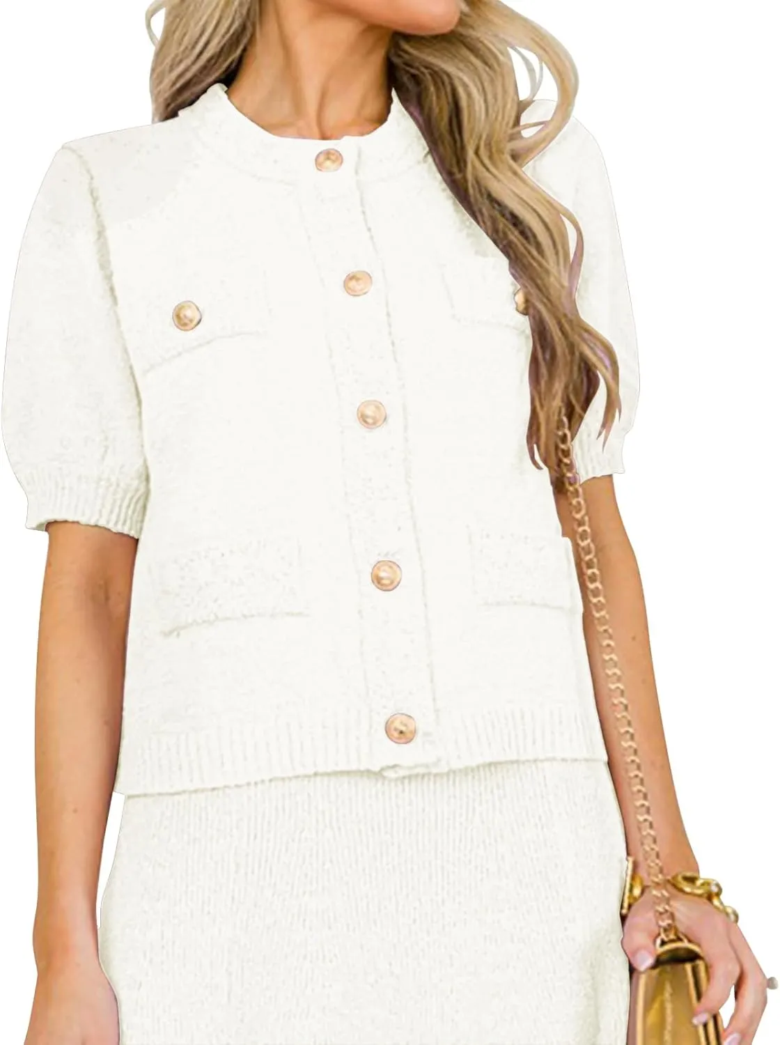 Hacikis Womens Button Down Cropped Cardigan Sweaters Crewneck Short Sleeve Knit Open Front Sweater Tops with Pockets