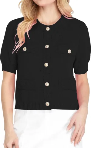 Hacikis Womens Button Down Cropped Cardigan Sweaters Crewneck Short Sleeve Knit Open Front Sweater Tops with Pockets