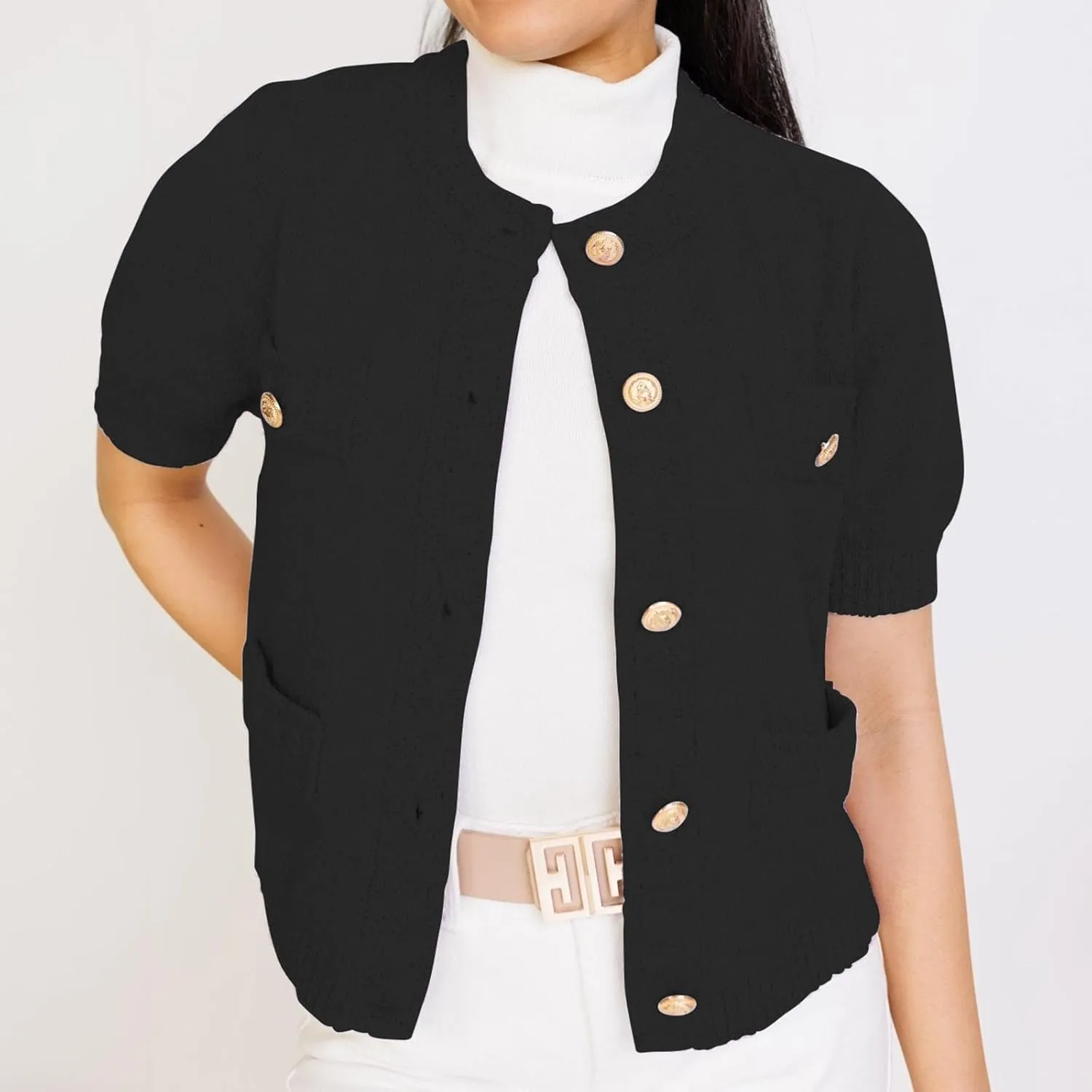 Hacikis Womens Button Down Cropped Cardigan Sweaters Crewneck Short Sleeve Knit Open Front Sweater Tops with Pockets
