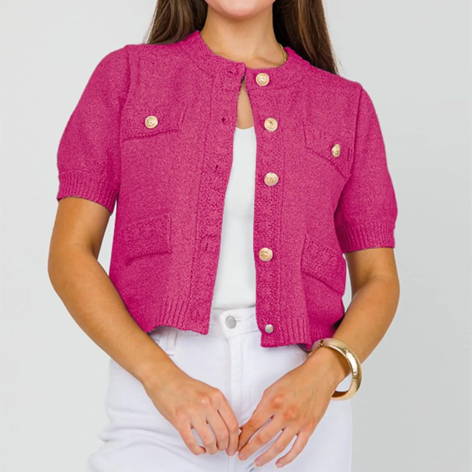 Hacikis Womens Button Down Cropped Cardigan Sweaters Crewneck Short Sleeve Knit Open Front Sweater Tops with Pockets