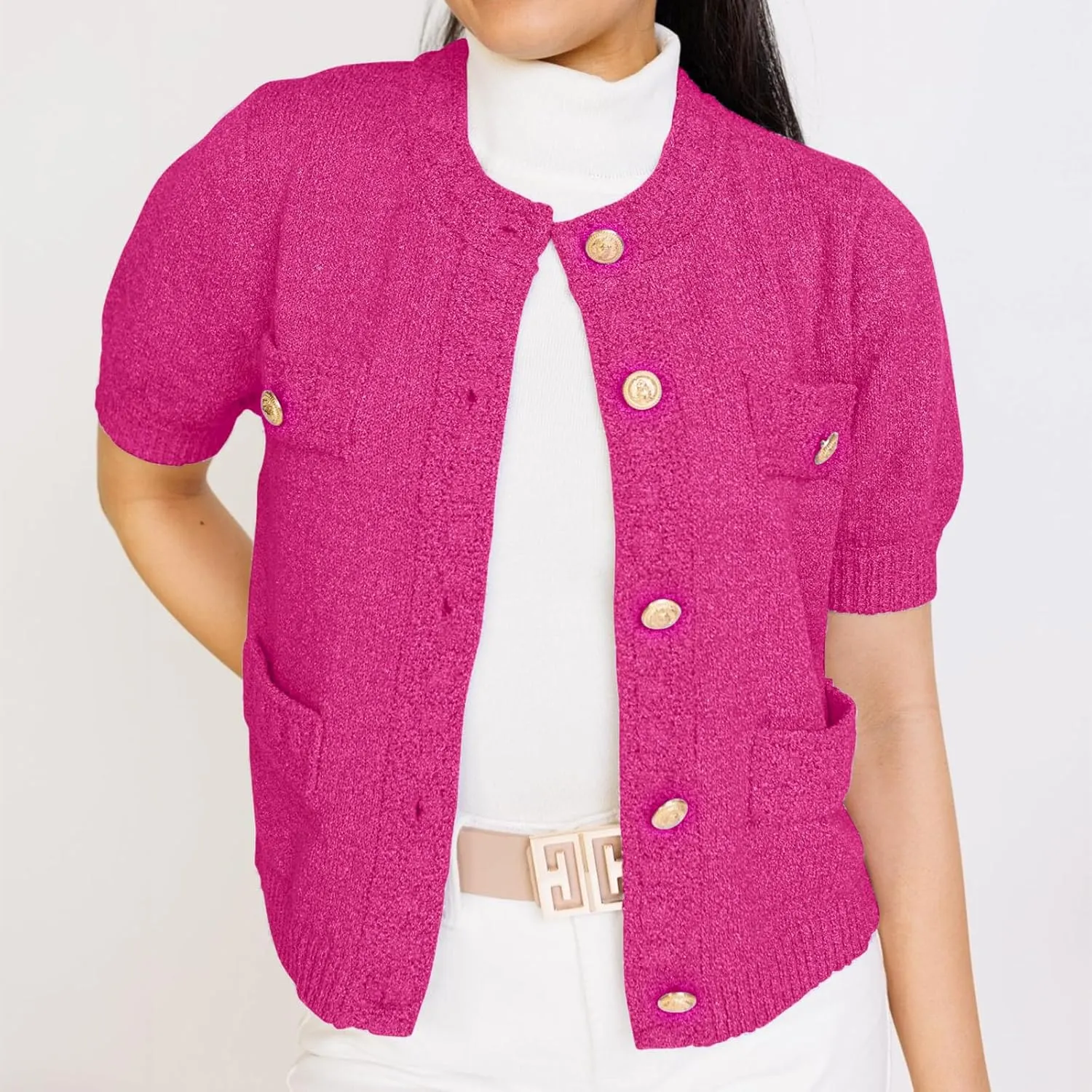 Hacikis Womens Button Down Cropped Cardigan Sweaters Crewneck Short Sleeve Knit Open Front Sweater Tops with Pockets