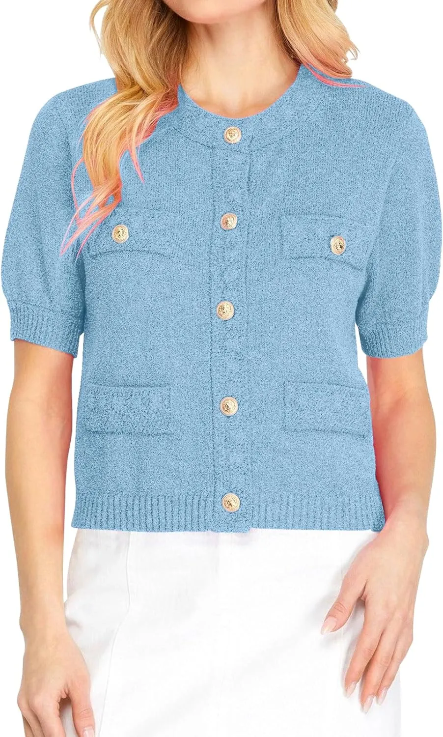 Hacikis Womens Button Down Cropped Cardigan Sweaters Crewneck Short Sleeve Knit Open Front Sweater Tops with Pockets