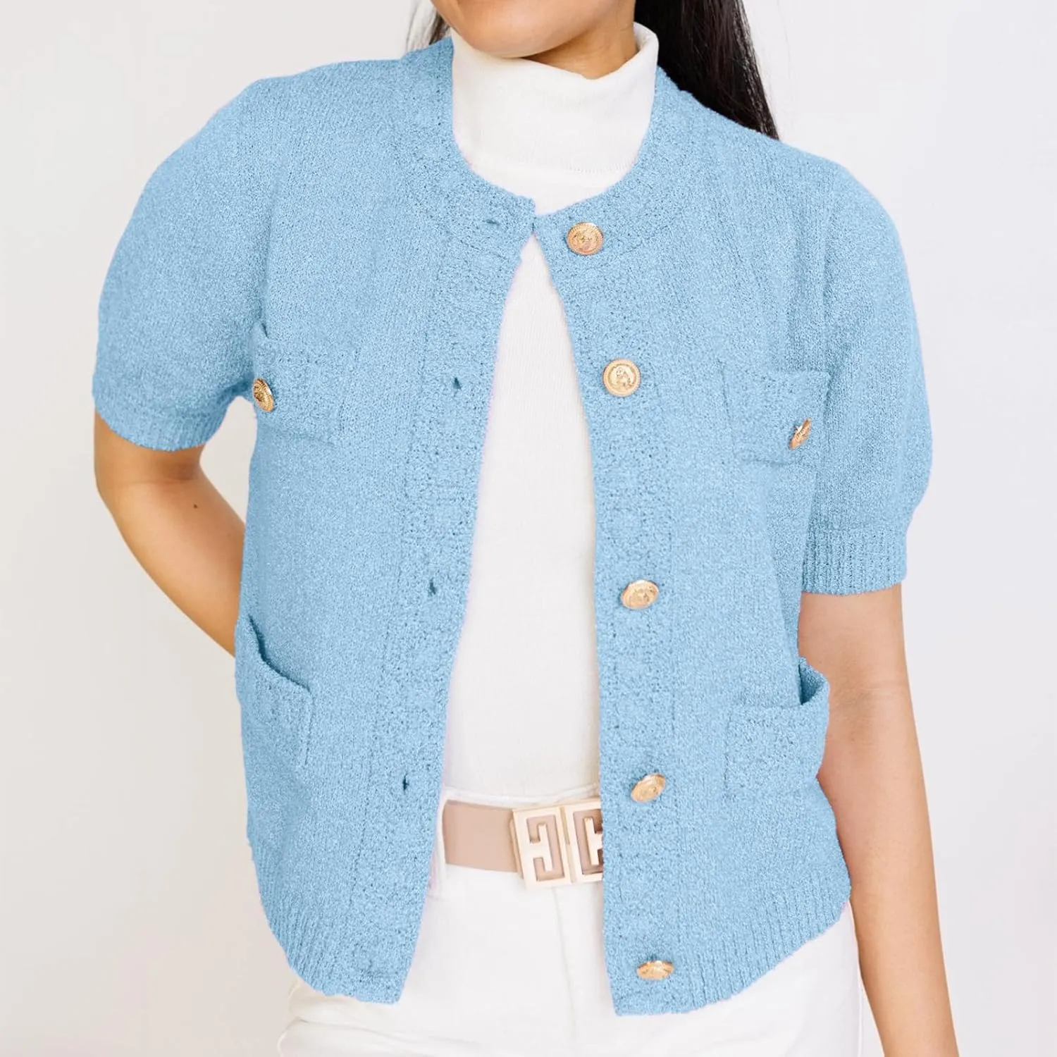 Hacikis Womens Button Down Cropped Cardigan Sweaters Crewneck Short Sleeve Knit Open Front Sweater Tops with Pockets