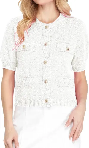 Hacikis Womens Button Down Cropped Cardigan Sweaters Crewneck Short Sleeve Knit Open Front Sweater Tops with Pockets