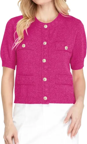 Hacikis Womens Button Down Cropped Cardigan Sweaters Crewneck Short Sleeve Knit Open Front Sweater Tops with Pockets