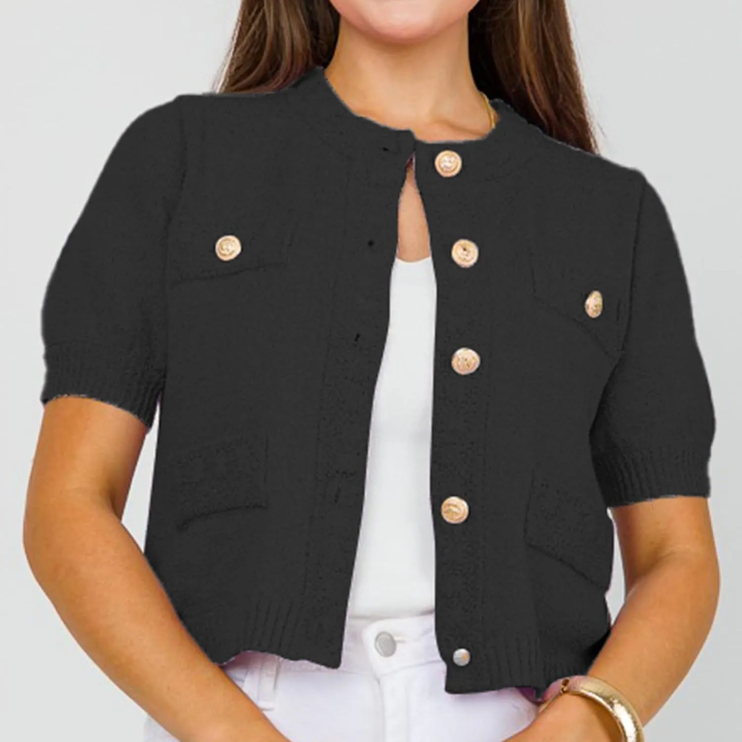 Hacikis Womens Button Down Cropped Cardigan Sweaters Crewneck Short Sleeve Knit Open Front Sweater Tops with Pockets