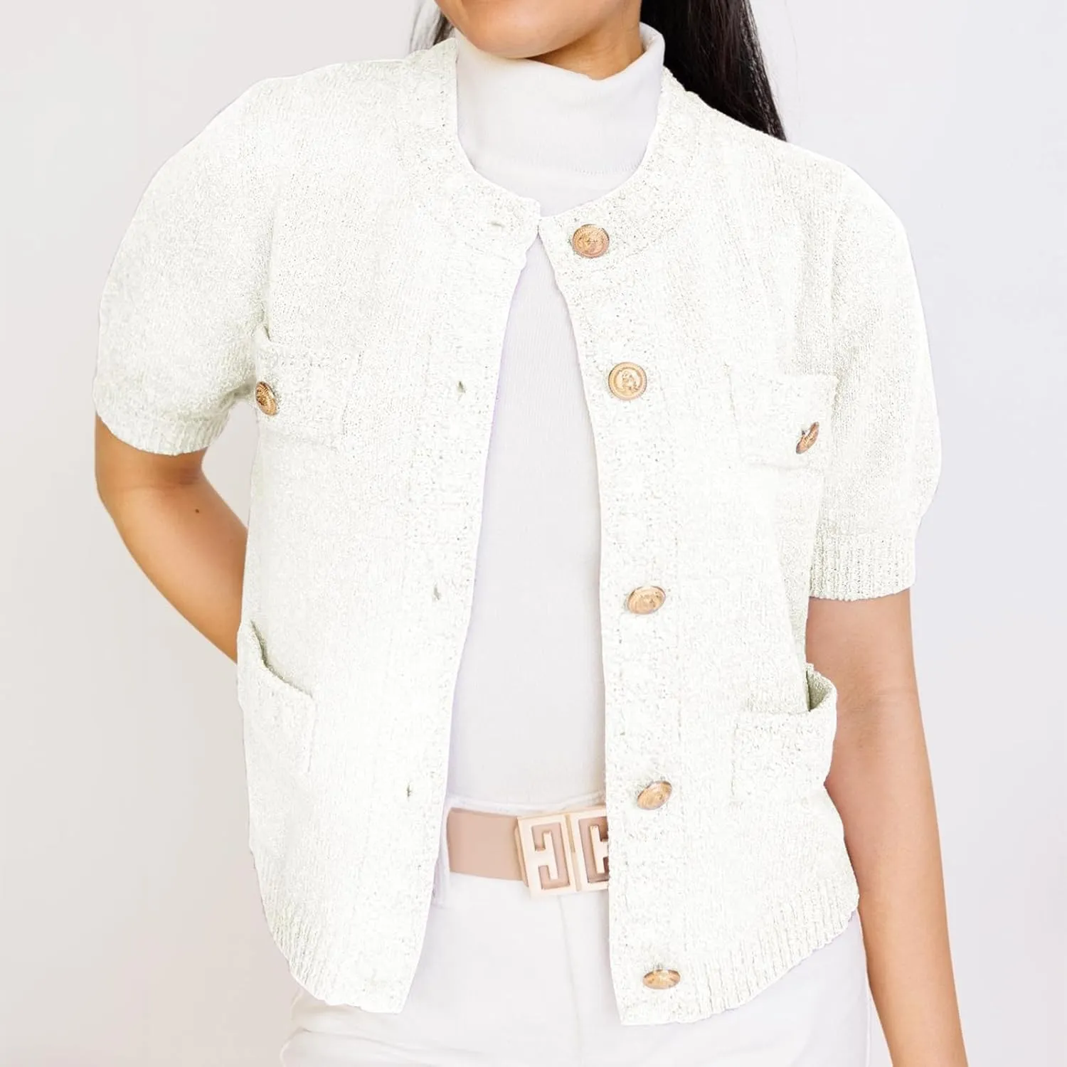 Hacikis Womens Button Down Cropped Cardigan Sweaters Crewneck Short Sleeve Knit Open Front Sweater Tops with Pockets