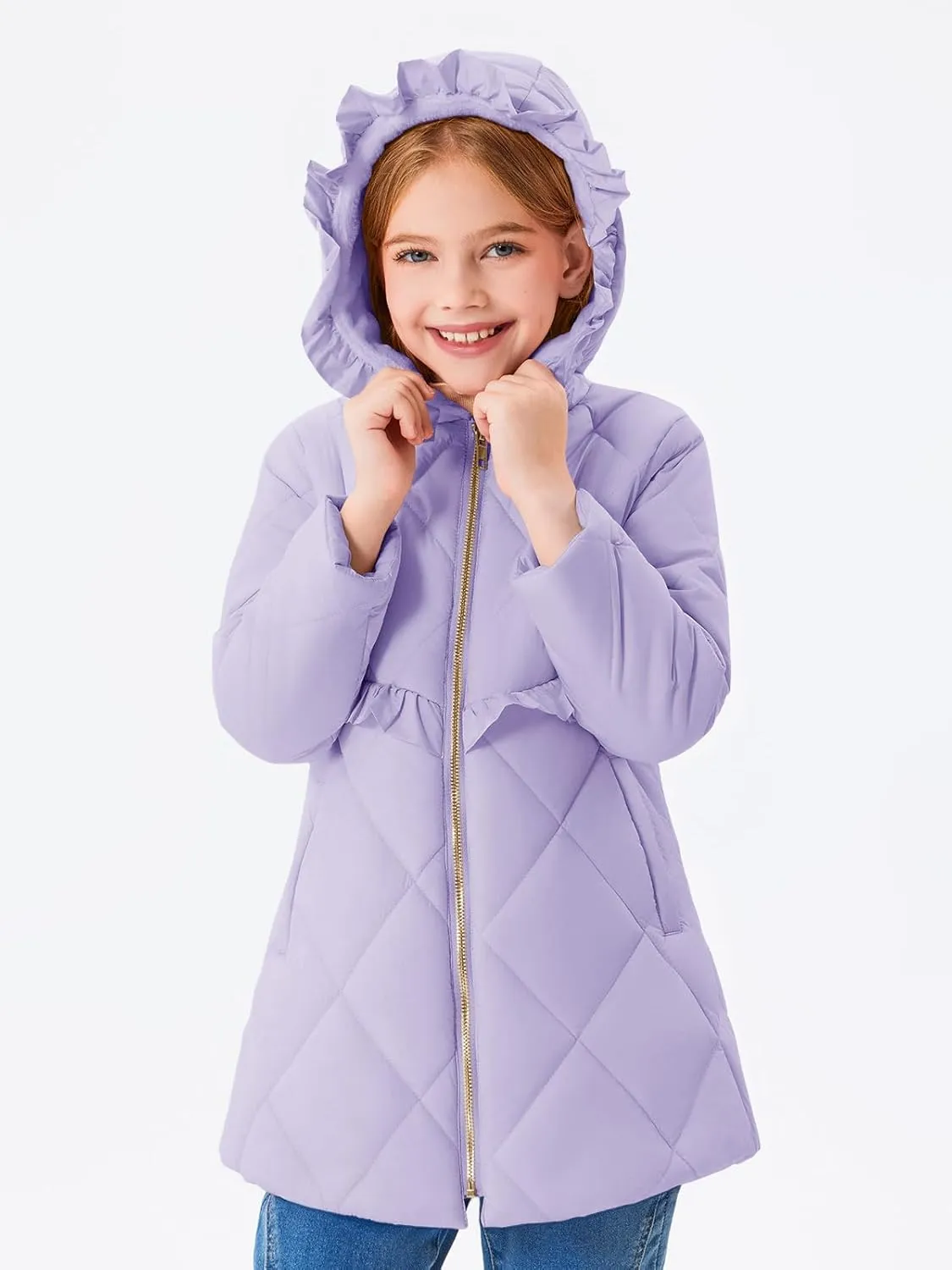 Haloumoning Girls Winter Coats Warm Hoodie Puffer Jacket Quilted Ruffle Fleece Coat 4-14 Years