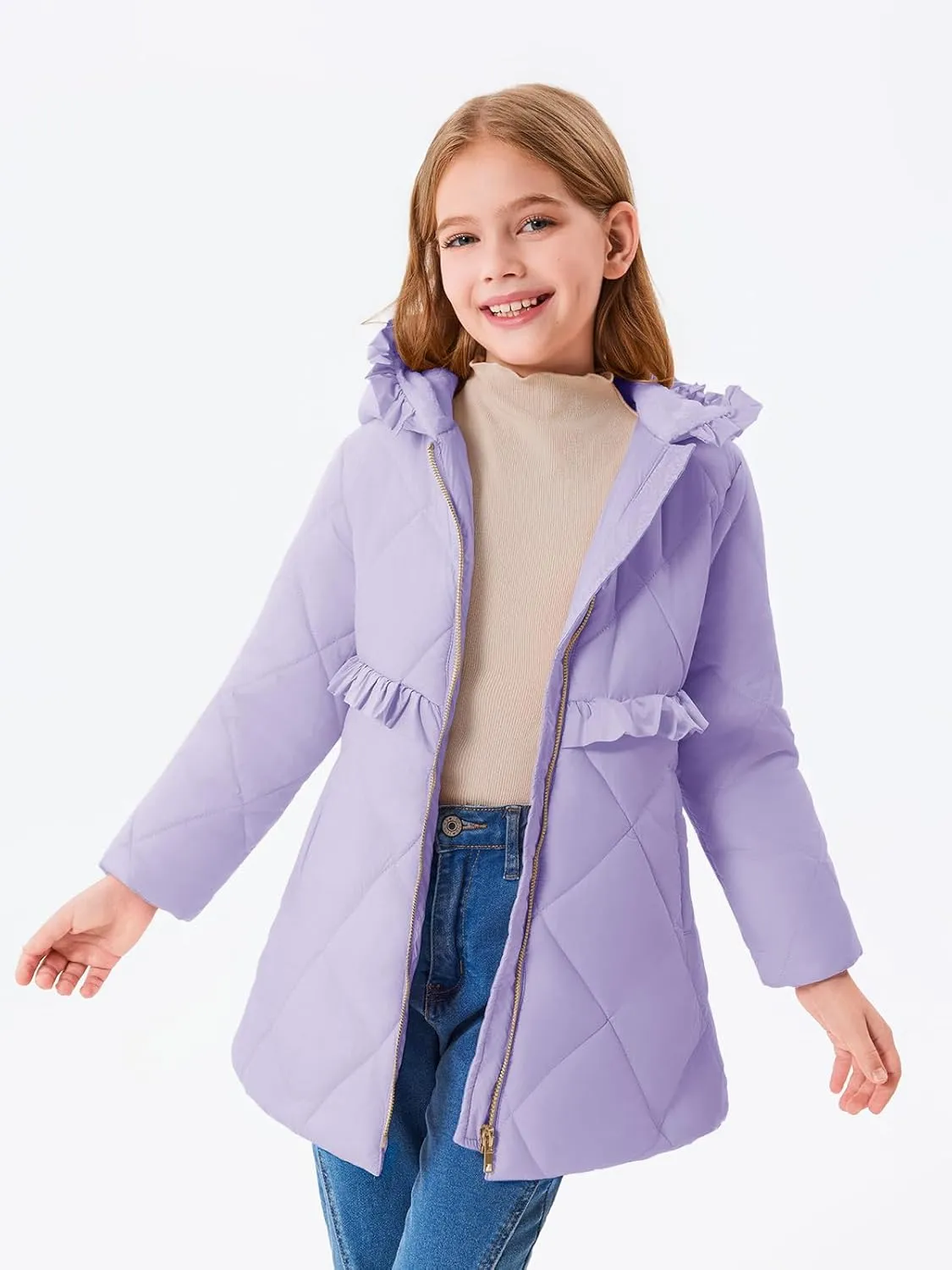 Haloumoning Girls Winter Coats Warm Hoodie Puffer Jacket Quilted Ruffle Fleece Coat 4-14 Years