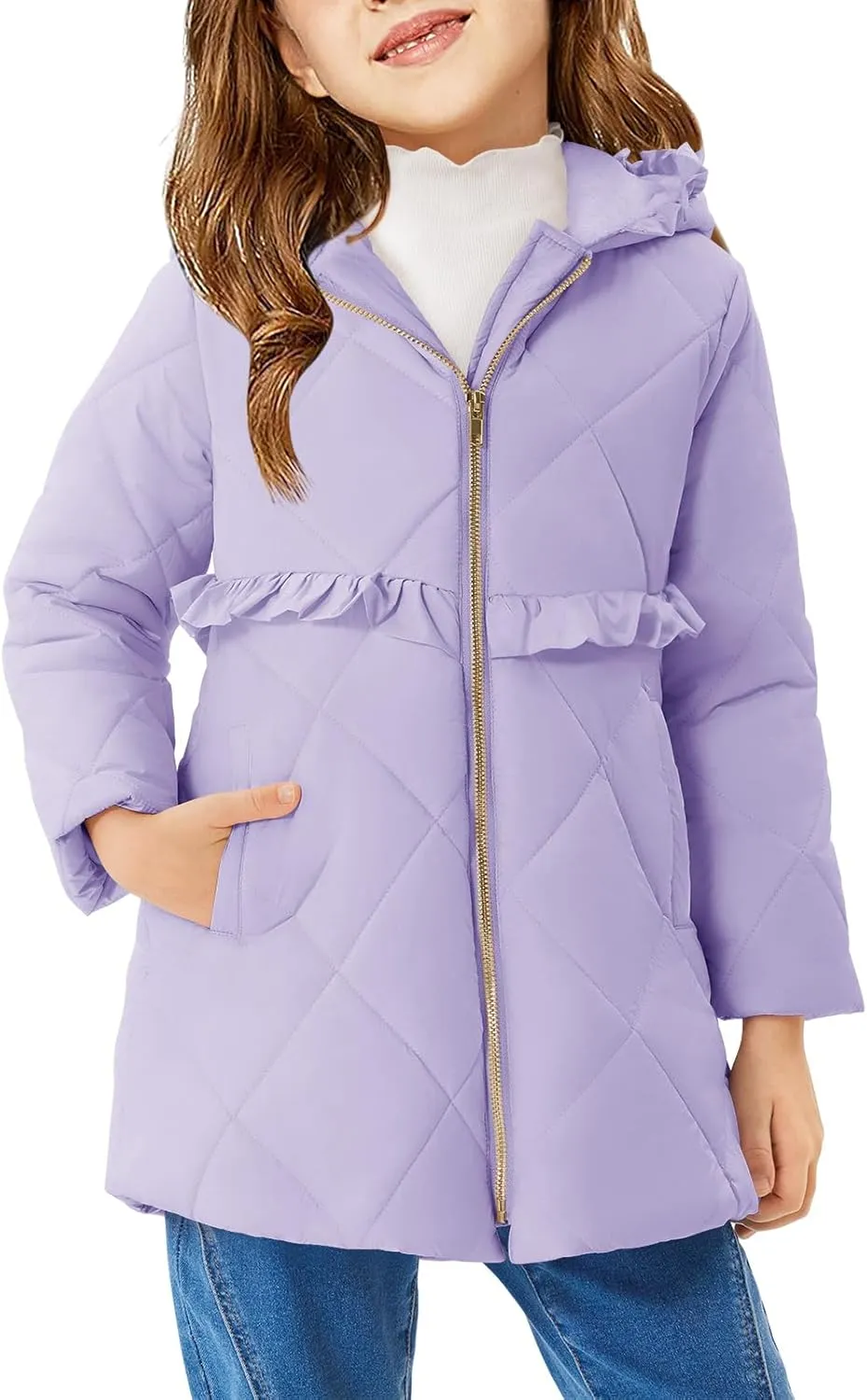 Haloumoning Girls Winter Coats Warm Hoodie Puffer Jacket Quilted Ruffle Fleece Coat 4-14 Years