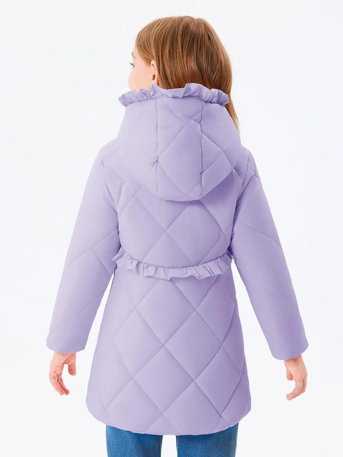 Haloumoning Girls Winter Coats Warm Hoodie Puffer Jacket Quilted Ruffle Fleece Coat 4-14 Years