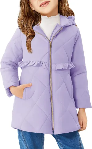 Haloumoning Girls Winter Coats Warm Hoodie Puffer Jacket Quilted Ruffle Fleece Coat 4-14 Years