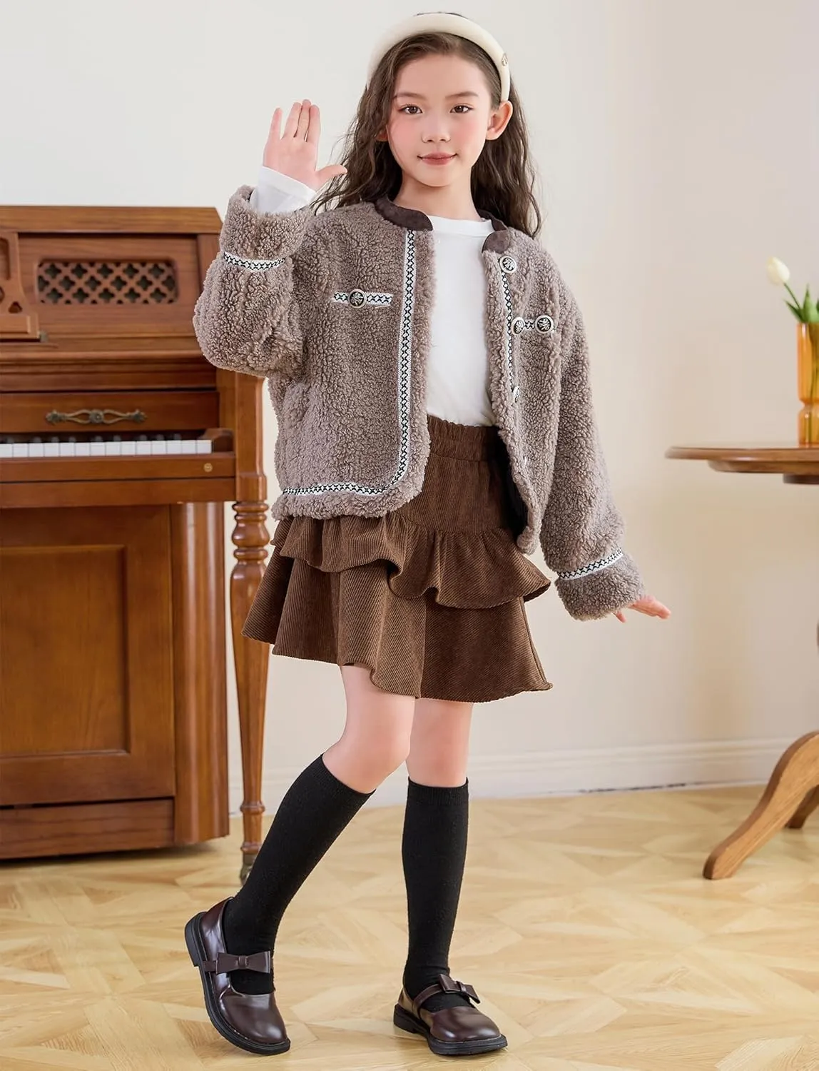 Happy Cherry Girls Corduroy Skirt Pleated Mini Skirt Fall Double Layer Skater Skorts Ruffle Skirts 3-12 Years