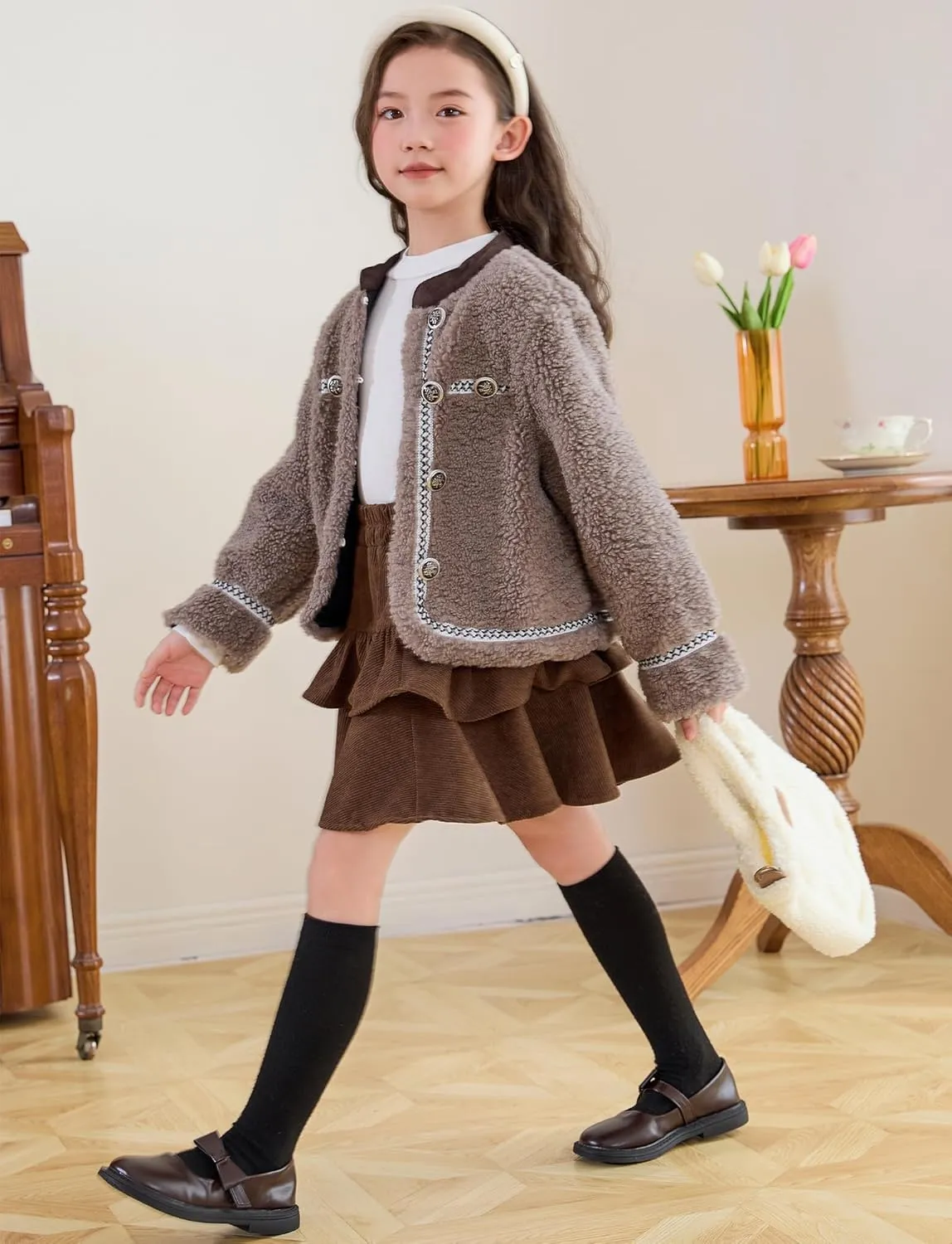 Happy Cherry Girls Corduroy Skirt Pleated Mini Skirt Fall Double Layer Skater Skorts Ruffle Skirts 3-12 Years