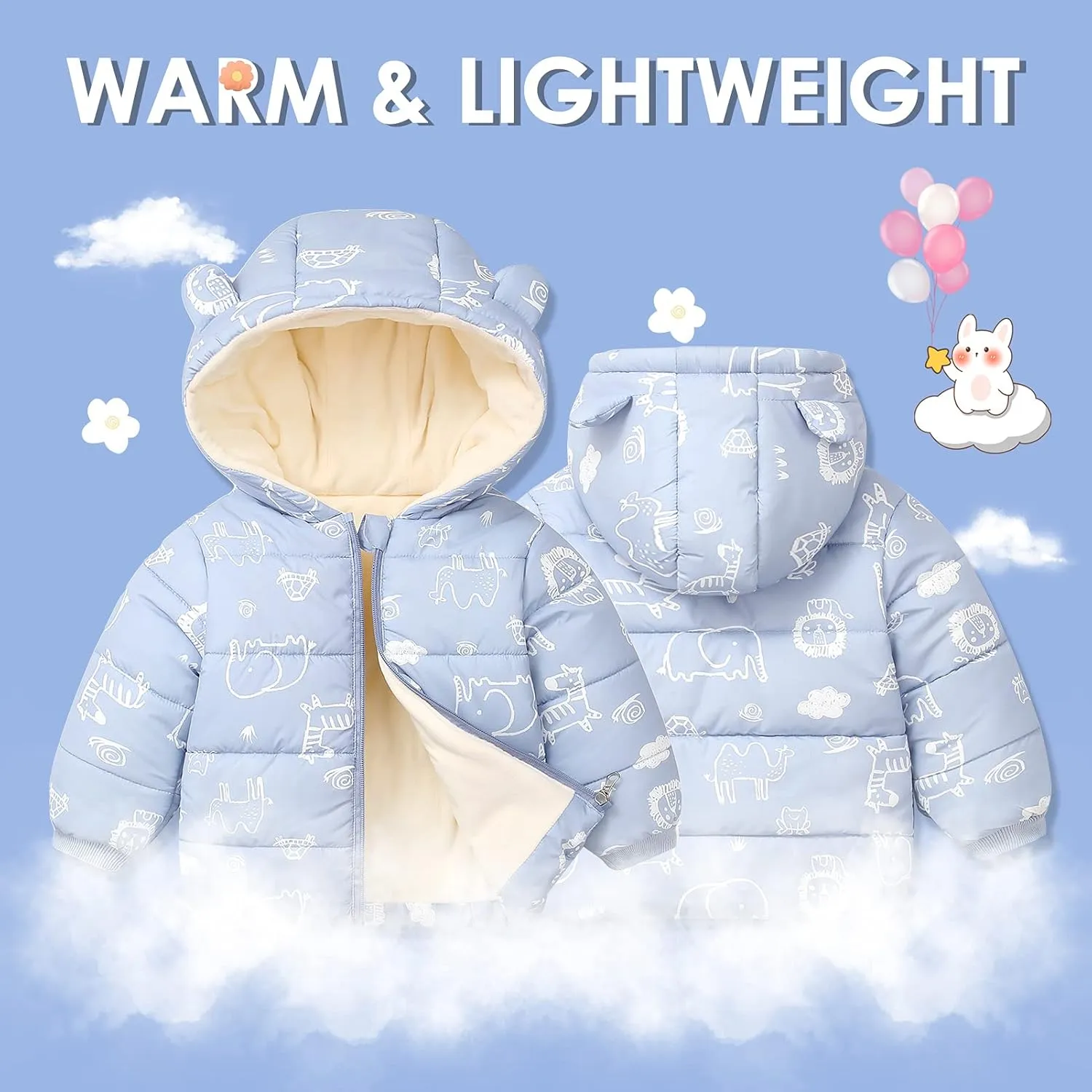 Happy Cherry Toddler Boys Girls Winter Down Coat Soft Cotton Padded Jacket Cute Bear Ears Thick Hooded Jacket
