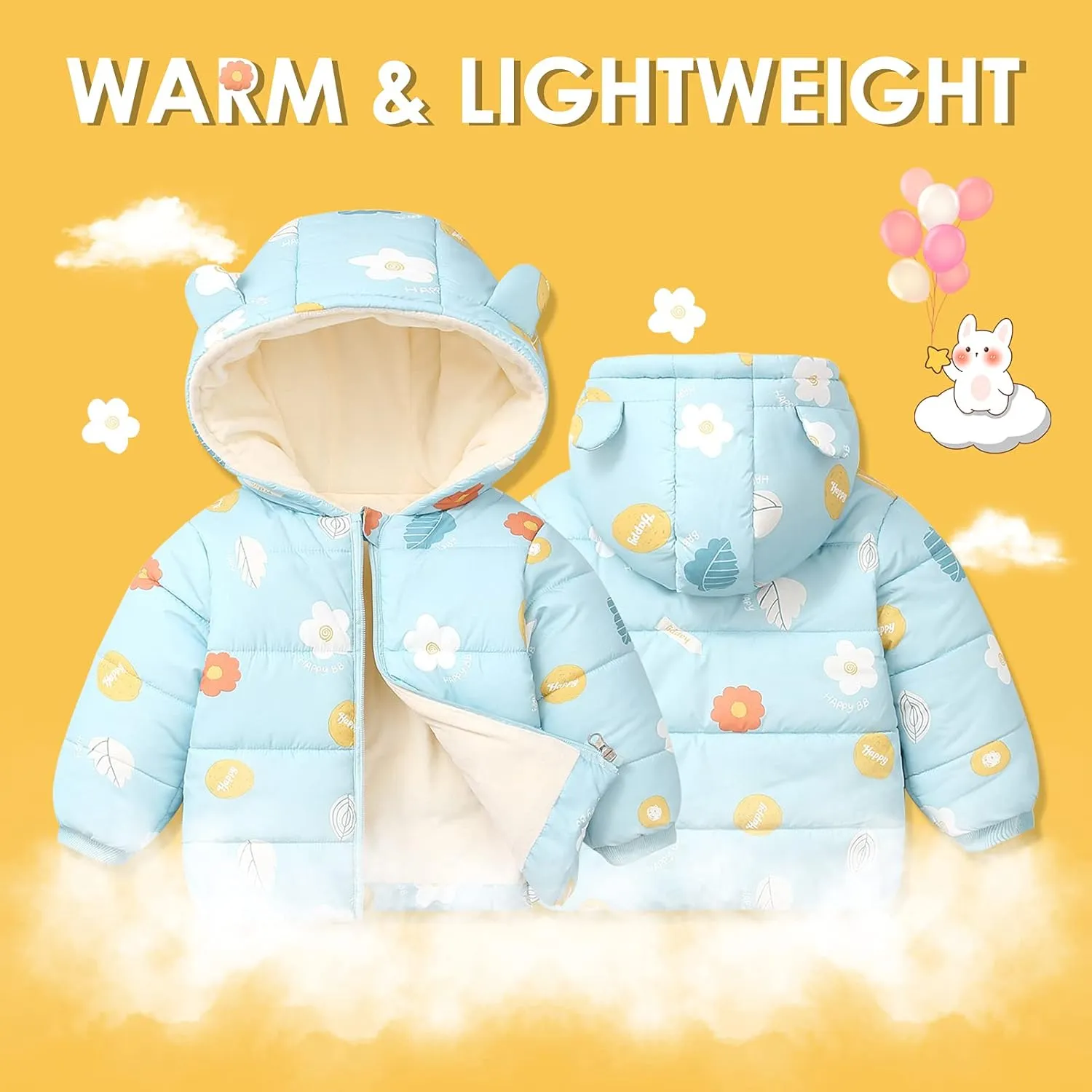 Happy Cherry Toddler Boys Girls Winter Down Coat Soft Cotton Padded Jacket Cute Bear Ears Thick Hooded Jacket