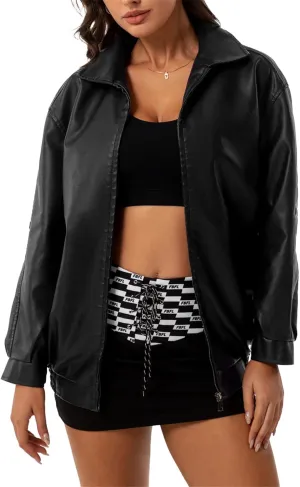 hathne Women's Oversized Faux Leather Jacket Long Sleeve Zip Up Motocycle Bomber Jackets Coats Outerwear(Black,XL)