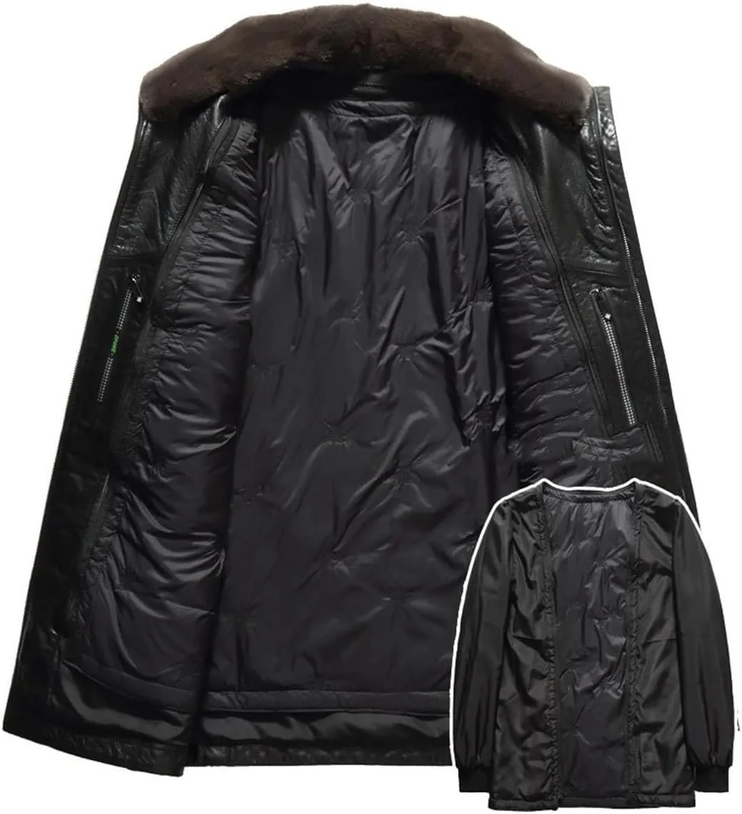 Hgvcfcv Men Winter Warm Mid Length Lapel Leather Coat Men's Detachable Padded Cotton Jacket Plus Size