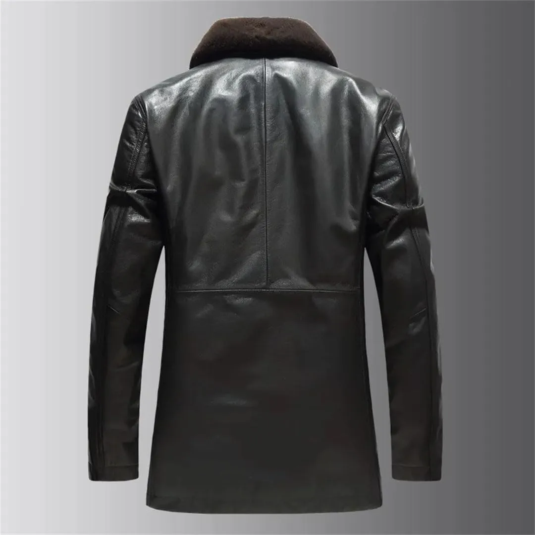 Hgvcfcv Men Winter Warm Mid Length Lapel Leather Coat Men's Detachable Padded Cotton Jacket Plus Size