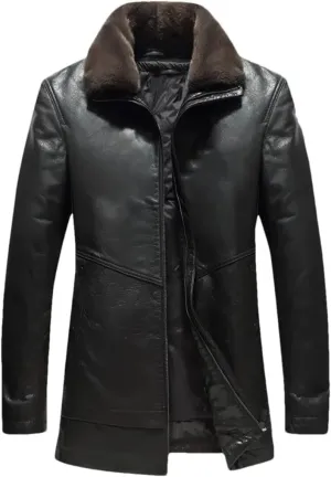 Hgvcfcv Men Winter Warm Mid Length Lapel Leather Coat Men's Detachable Padded Cotton Jacket Plus Size