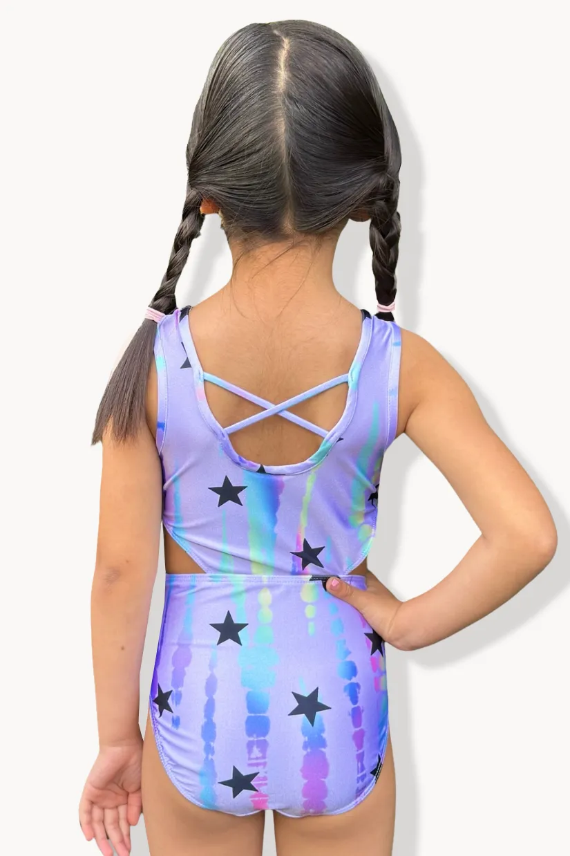 High Shine Cutout One Piece Swimsuit - Hologram Batik Stars