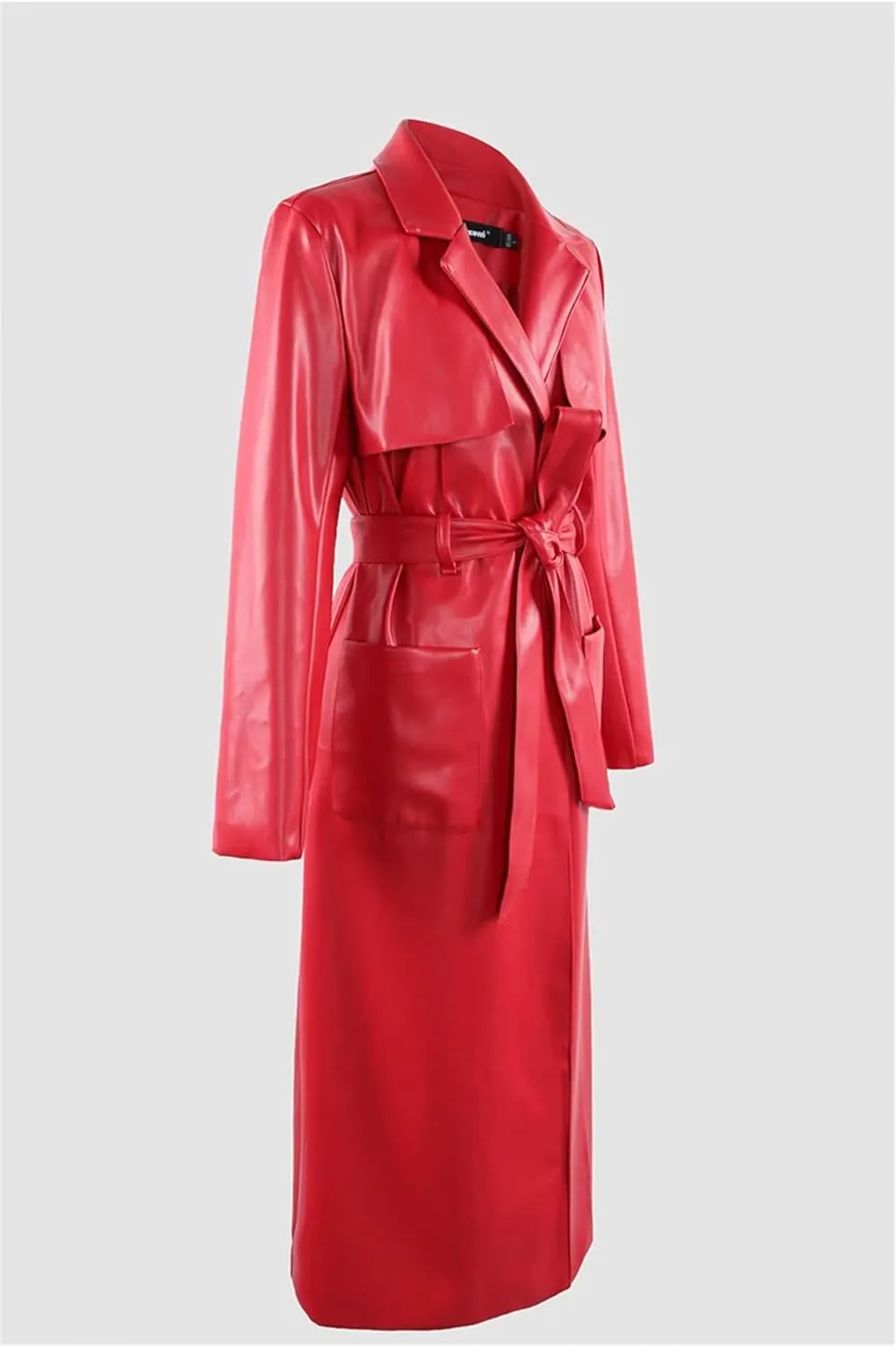 Hndudnff Women Elegant Red Soft Pu Leather Trench Coat Autumn Pockets Sashes Long Overcoat