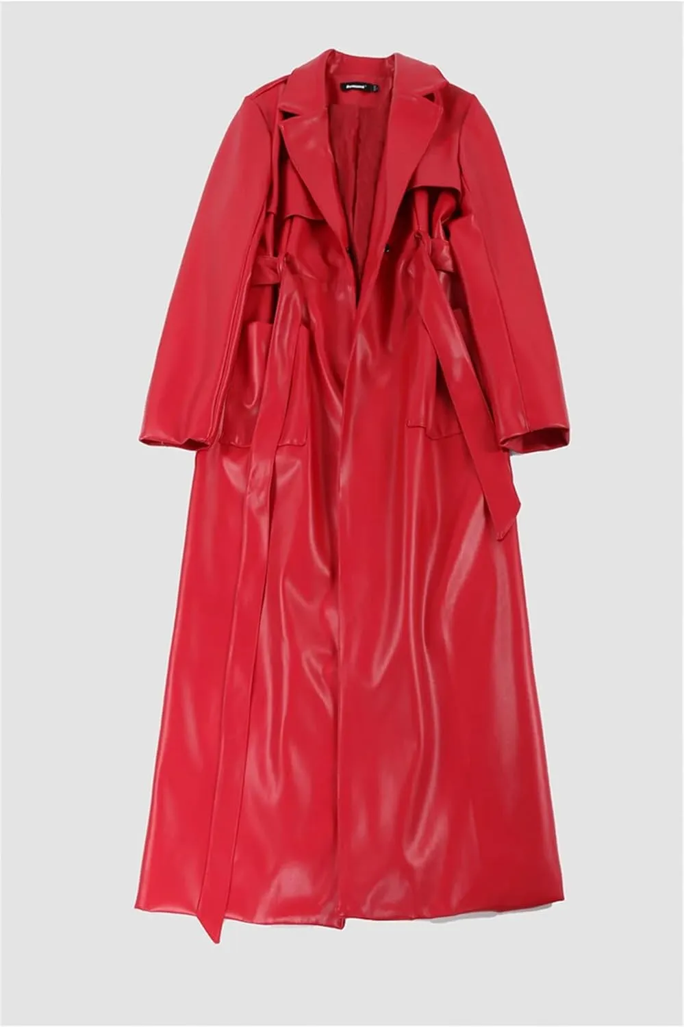 Hndudnff Women Elegant Red Soft Pu Leather Trench Coat Autumn Pockets Sashes Long Overcoat