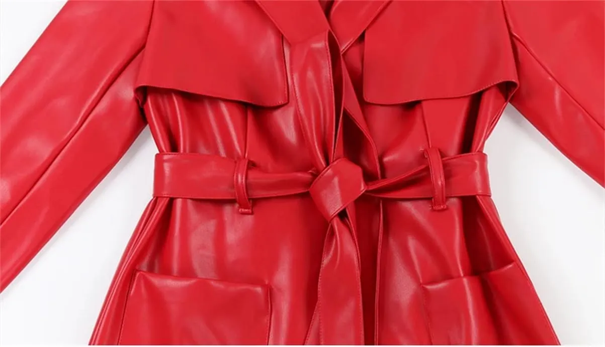 Hndudnff Women Elegant Red Soft Pu Leather Trench Coat Autumn Pockets Sashes Long Overcoat