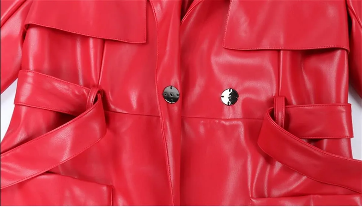Hndudnff Women Elegant Red Soft Pu Leather Trench Coat Autumn Pockets Sashes Long Overcoat