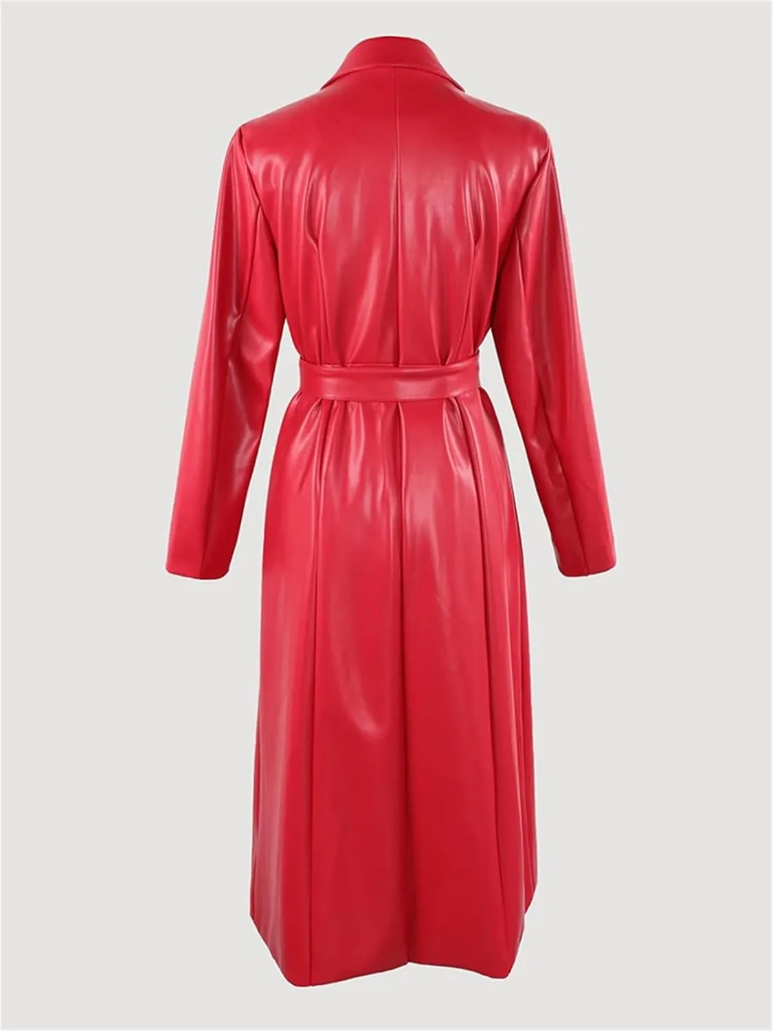 Hndudnff Women Elegant Red Soft Pu Leather Trench Coat Autumn Pockets Sashes Long Overcoat