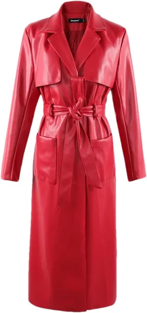 Hndudnff Women Elegant Red Soft Pu Leather Trench Coat Autumn Pockets Sashes Long Overcoat