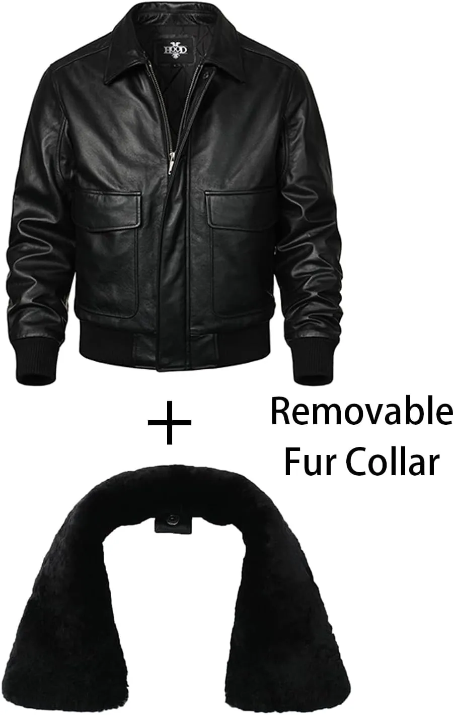 HOOD CREW Mens Genuine Leather Flight Bomber Jacket Air Force Aviator Outerwear Jackets with Removable Fur Collar