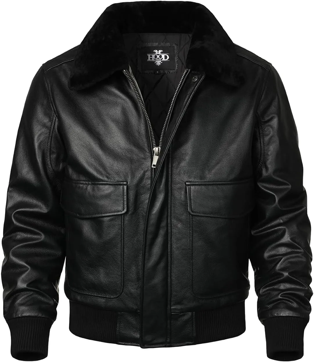 HOOD CREW Mens Genuine Leather Flight Bomber Jacket Air Force Aviator Outerwear Jackets with Removable Fur Collar