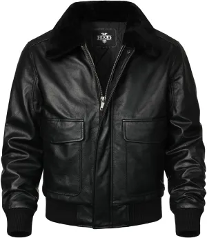 HOOD CREW Mens Genuine Leather Flight Bomber Jacket Air Force Aviator Outerwear Jackets with Removable Fur Collar