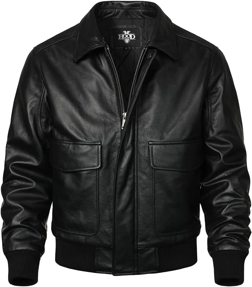 HOOD CREW Mens Genuine Leather Flight Bomber Jacket Air Force Aviator Outerwear Jackets with Removable Fur Collar