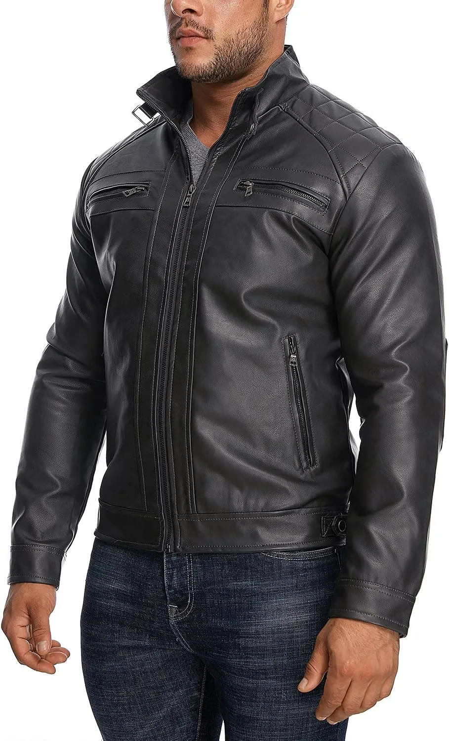 HOOD CREW Mens Stand Collar Leather Jacket Casual Faux Leather Motorcycle Jacket Outerwear Coat with Zipper Pockets