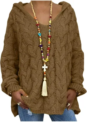 Hooded Sweater for Women Chunky Cable Knit Oversized Hoodies Long Sleeve V Neck Pullover Top Casual Loose Warm Jumper