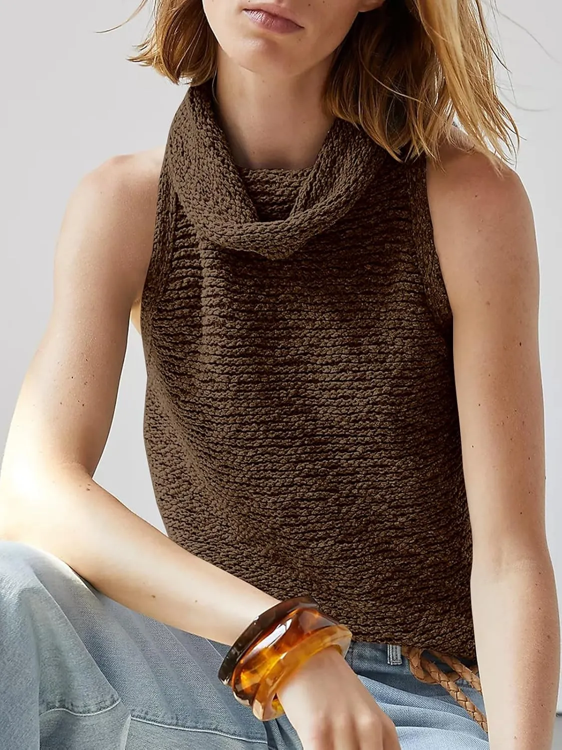 Imily Bela Womens Turtleneck Sweater Vest Sleeveless Loose Pullover Sweaters Knit Fashion Tank Tops