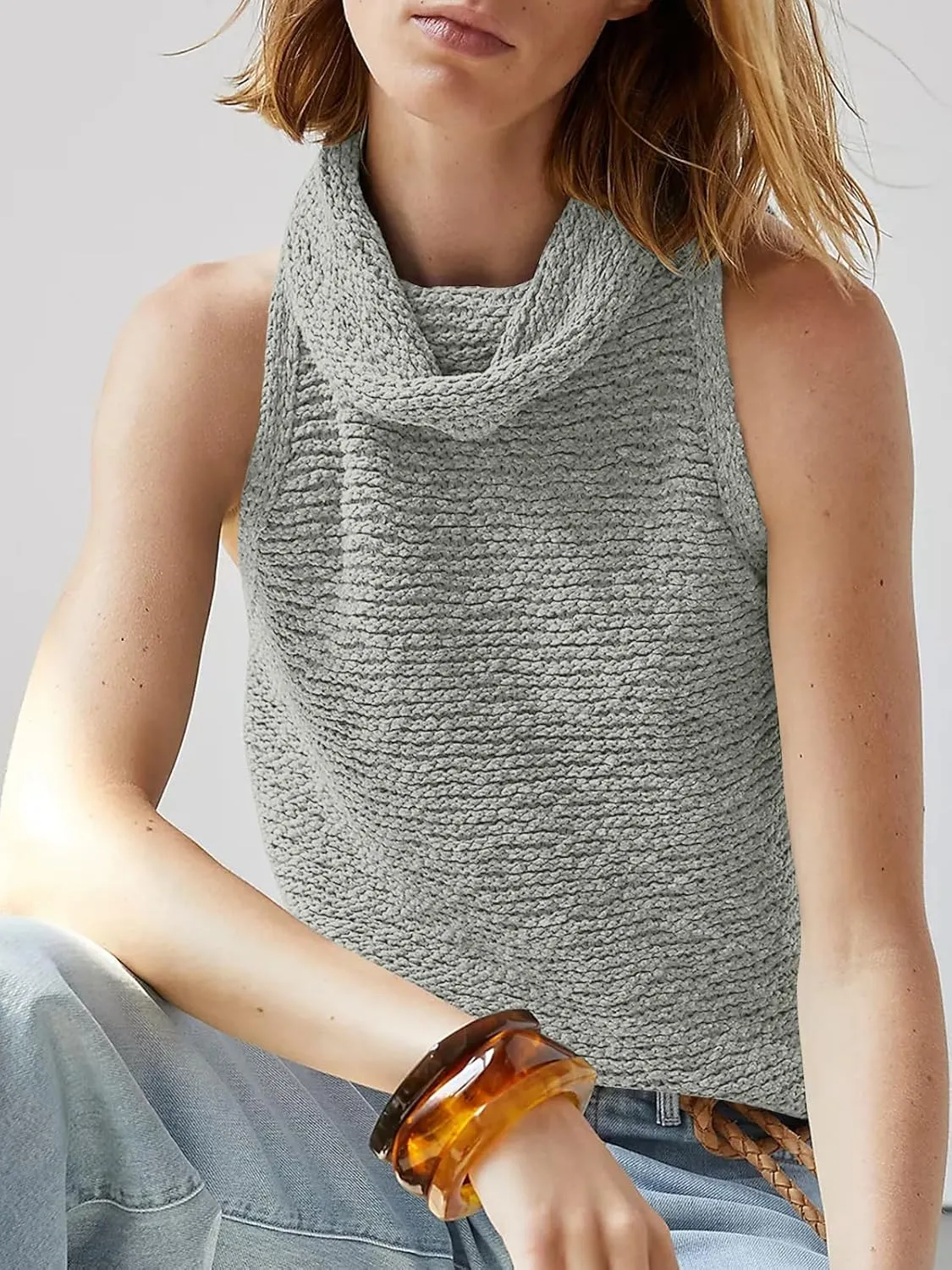Imily Bela Womens Turtleneck Sweater Vest Sleeveless Loose Pullover Sweaters Knit Fashion Tank Tops
