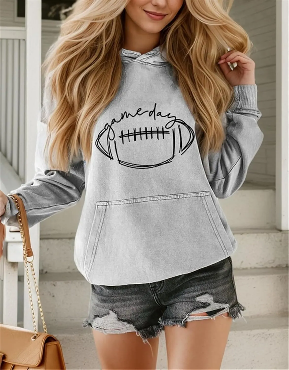 IVERIRMIN Womens Football Game Day Hoodie Vintage Graphic Hooded Sweatshirt Oversized Printed Pullover Tops Long Sleeve Shirt